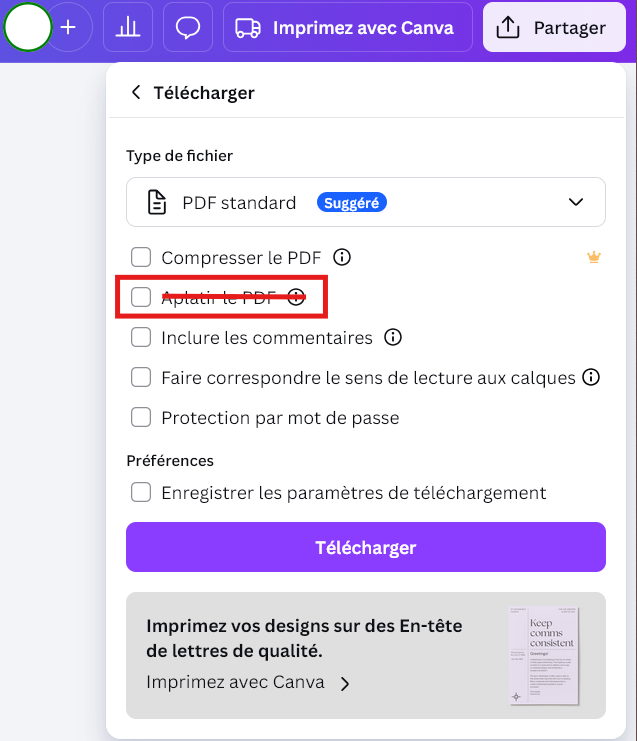 Verificación de la opción Aplanar PDF desmarcada