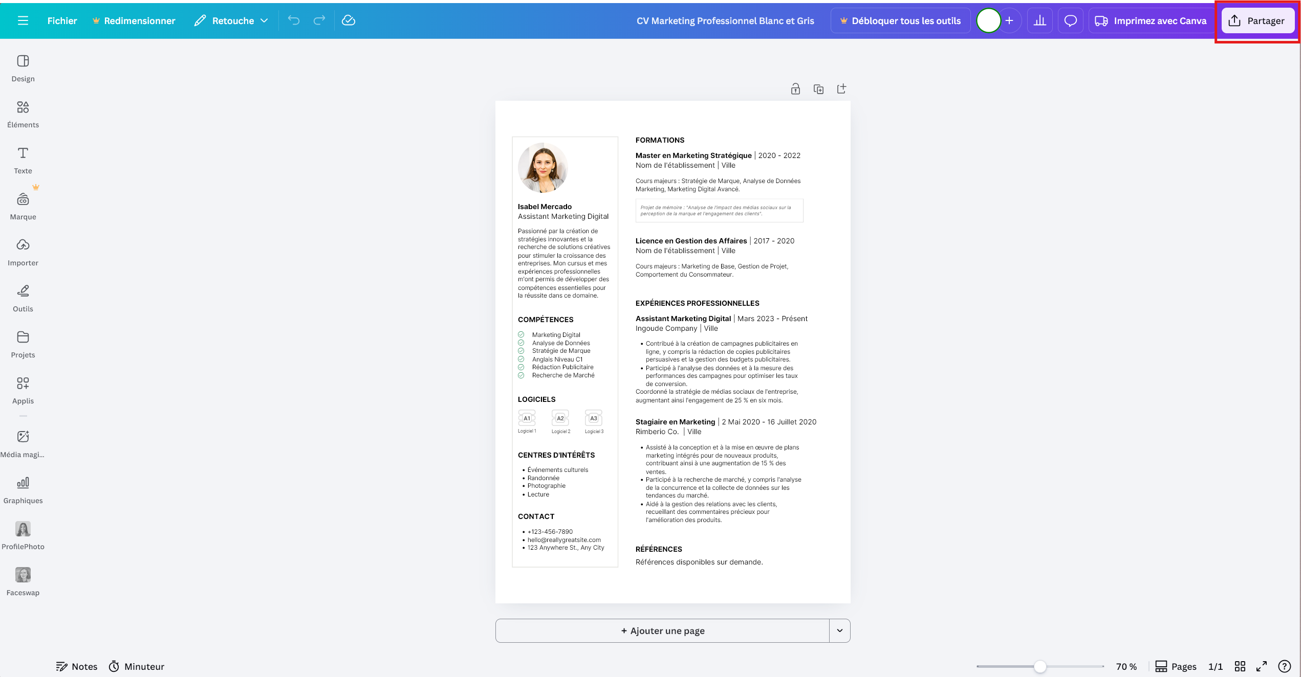 Botón Compartir en la interfaz de Canva
